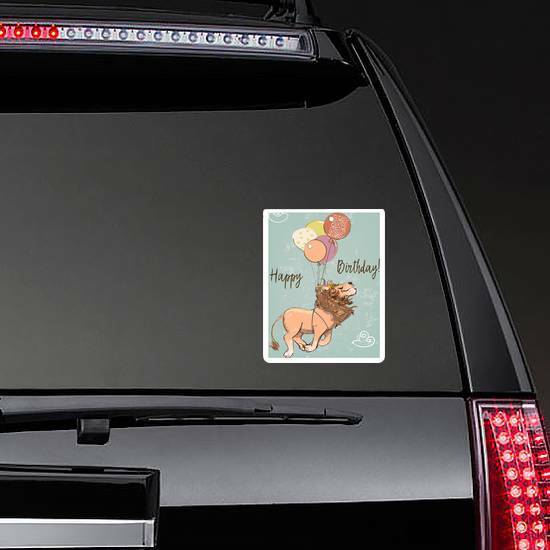 Cute Flying Happy Birthday Lion Sticker on a Rear Car Window example