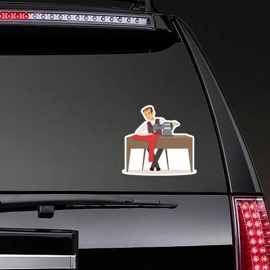 Male Dressmaker Or Tailor At Table Working Cartoon Sticker example