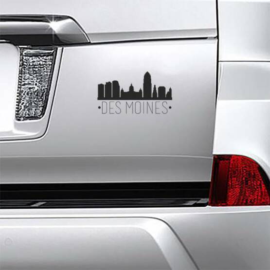 Des Moines Iowa City Skyline Sticker on a Car Bumper example 