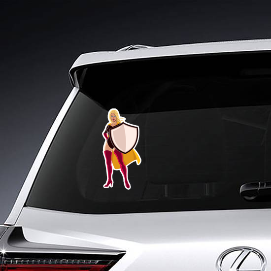 Female Superhero Holding Big Shield Sticker