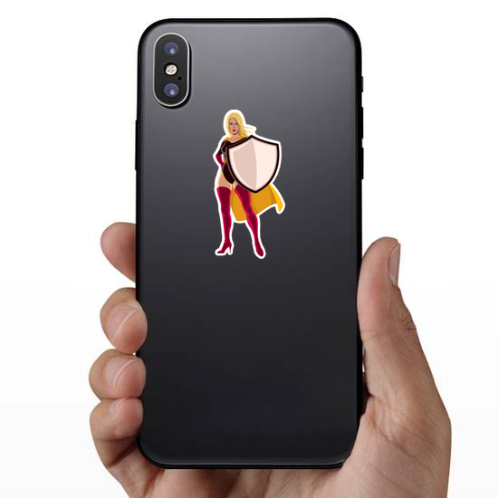 Female Superhero Holding Big Shield Sticker