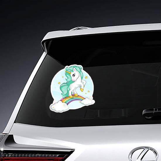Flowing Blue Mane Unicorn on Rainbow Sticker example