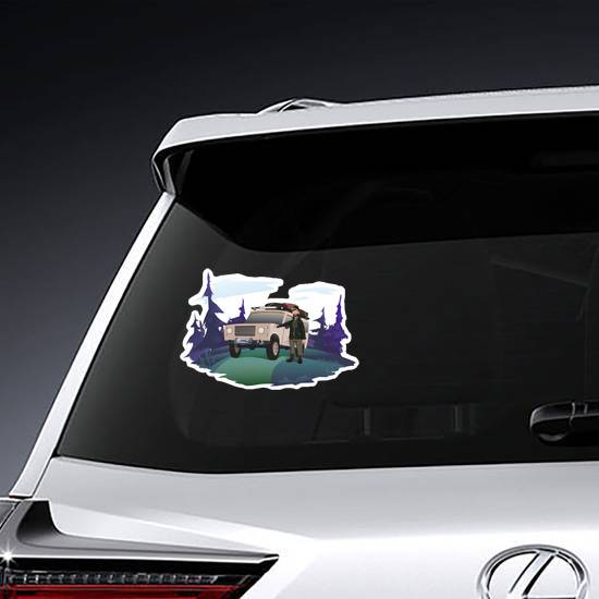 Man with SUV in Forest Sticker