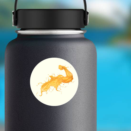 Orange Juice Splash In Form Of Arm Muscle Fitness Sticker