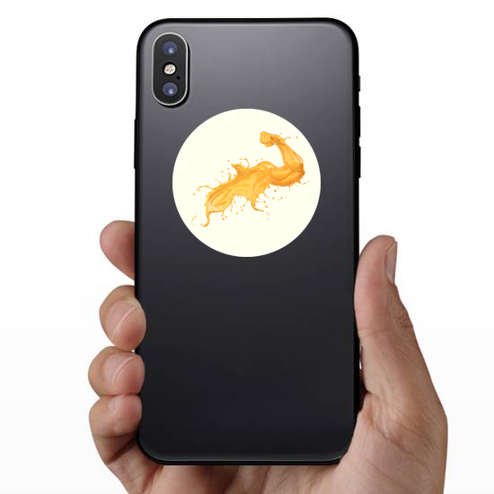Orange Juice Splash In Form Of Arm Muscle Fitness Sticker