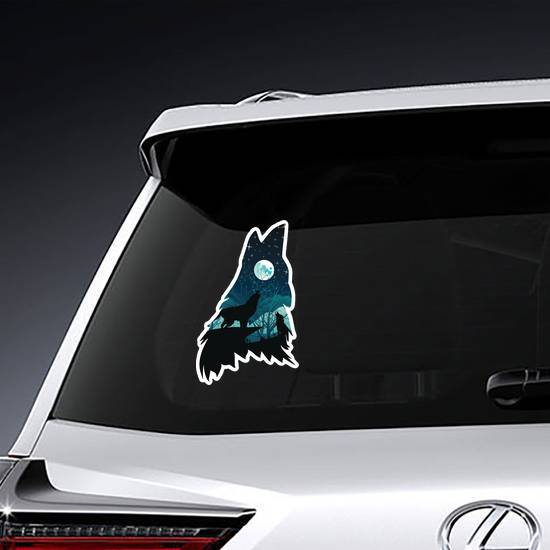 Silhouette Of The Wolf Howling With Night Forest Sticker