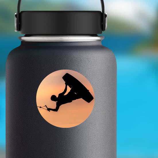 Silhouette Wakeboarder Making Tricks On Sunset Sticker