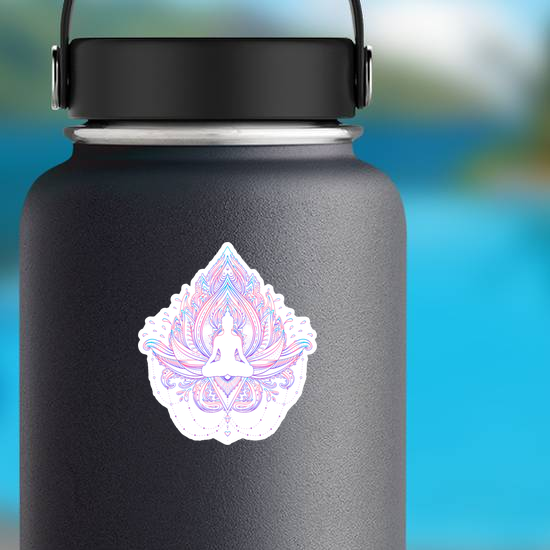 Sitting Buddha Silhouette Over Ornamental Lotus Flower Sticker