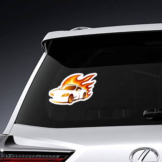 Sports Car With Fiery Orange Burning Flames Sticker