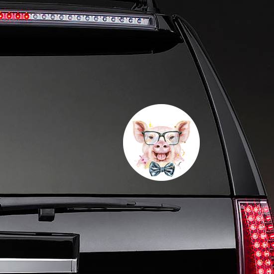 Watercolor Pink Pig With Bow-tie And Glasses Sticker example