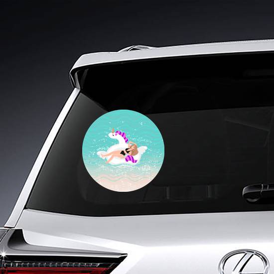 Woman On Beach In Unicorn Float Sticker example