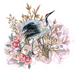 Hand Drawn Crane Bird And Flower Bouquet Illustration Sticker