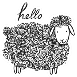 Hand Lettering Word " Hello" And A Lovely Lamb In Flowers Sticker