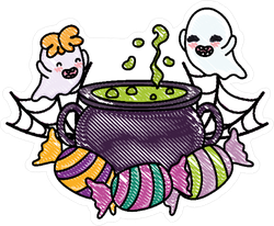 Happy Ghosts With Spiderwebs And Cauldron Sticker