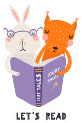 Illustration Of A Cute Funny Bunny And Squirrel Reading A Book Sticker