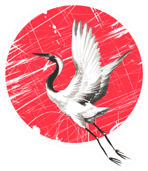Japanese Watercolor Crane Bird On A Red Circle Sticker
