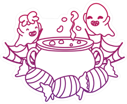 Joyful Ghosts With Pot Cauldron, Spiderwebs And Candy Sticker