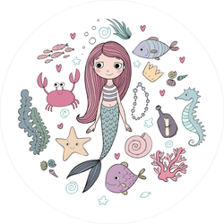 Little Cute Cartoon Mermaid With Sea Creatures Sticker
