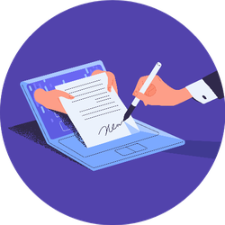 Man Putting Signature Into Legal Document On Purple Sticker