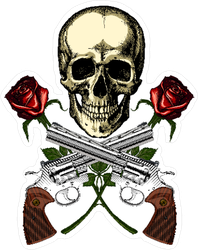 Skull with Crossed Guns and Roses Sticker