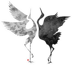 Stylized Dancing Cranes In A Japanese Hieroglyph Sticker