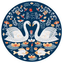 Swans In Circular Decorative Ornament Folk Art Sticker