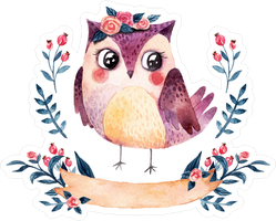 Watercolor Owl With Plants And Ribbon Sticker