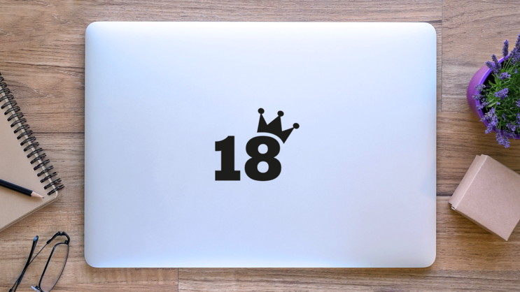 18th Birthday Number Crown Sticker on a Laptop (New) example