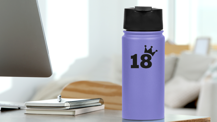 18th Birthday Number Crown Sticker on a Water Bottle (New) example