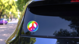 3D Rainbow Peace Sign Sticker on a Rear Car Window (New) example