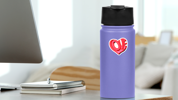 3d Word Love In Heart Shape Sticker on a Water Bottle (New) example