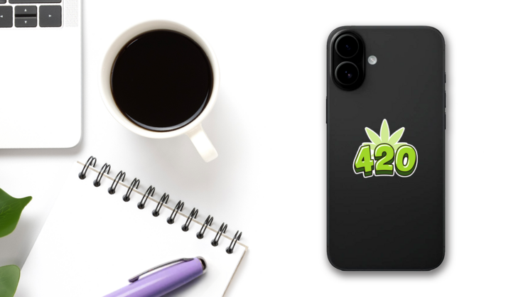420 Hand Drawn Lettering With Marijuana Leaf Sticker on a Phone (New) example