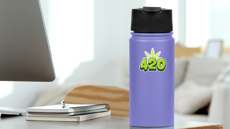 420 Hand Drawn Lettering With Marijuana Leaf Sticker on a Water Bottle (New) example