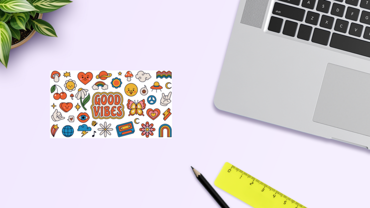 70s Good Vibes Sticker Sheet on a Desk (New) example