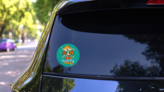 70s Groovy Themed Growing Today Mushroom Sticker on a Rear Car Window (New) example