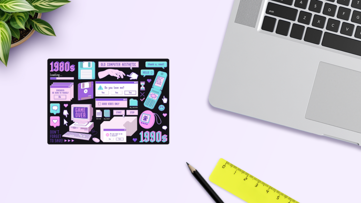 80s & 90s Sticker Sheet on a Desk (New) example
