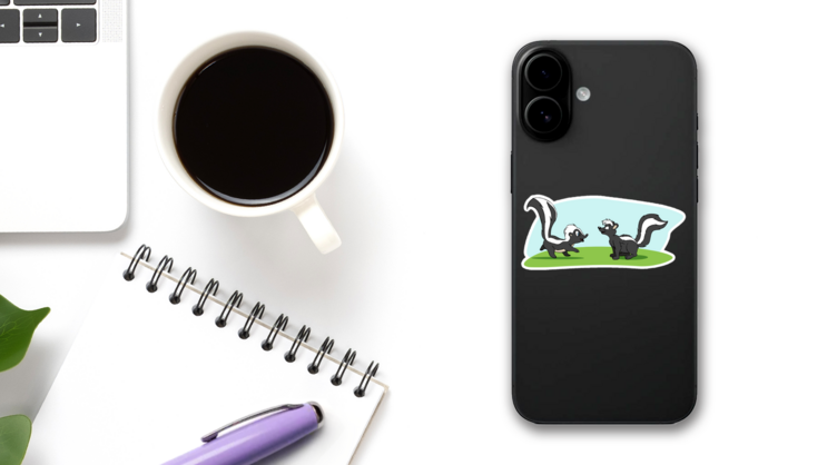 A Cartoony Illustration Of Two Skunks Sticker on a Phone (New) example
