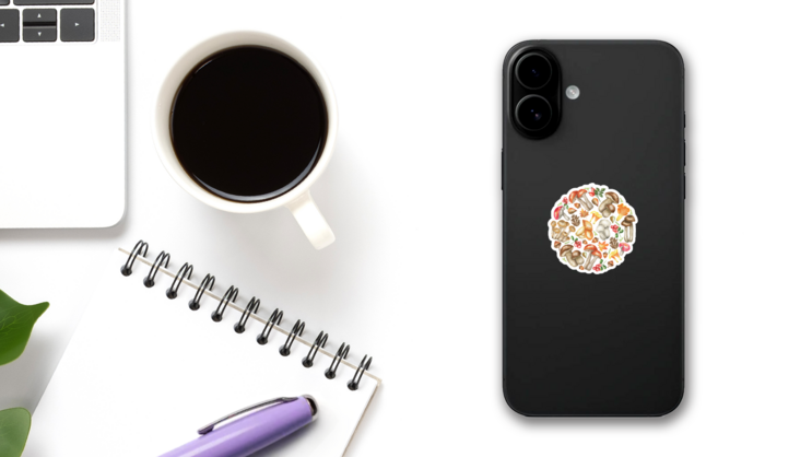 A Circle Of Edible Mushrooms Watercolor Sticker on a Phone (New) example