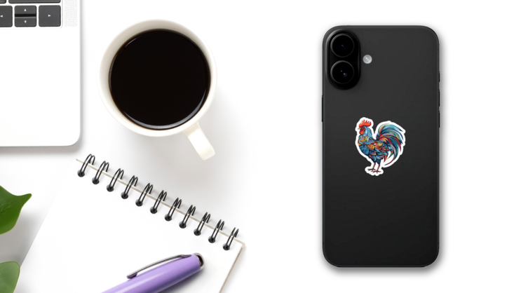 A Colored Rooster Engraving Style Sticker on a Phone (New) example