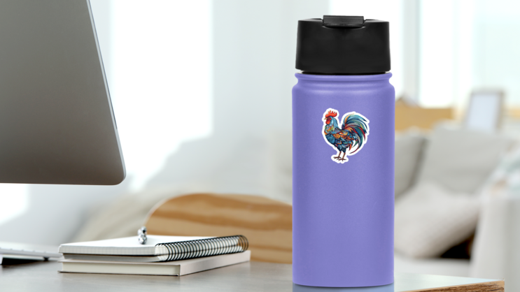 A Colored Rooster Engraving Style Sticker on a Water Bottle (New) example