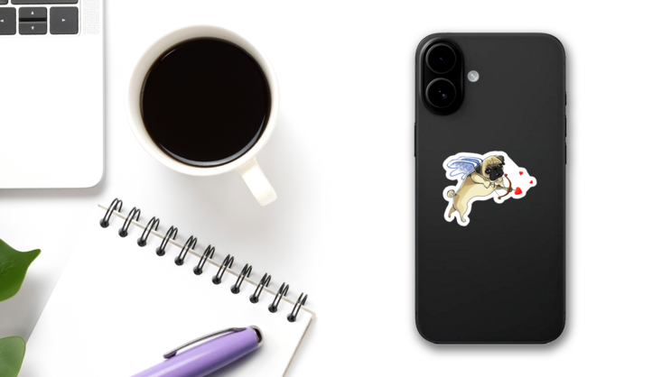 A Cute Pug Dog Cupid With Heart Bow And Arrow Sticker on a Phone (New) example
