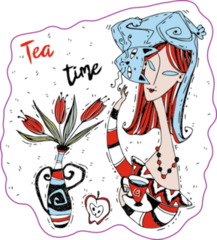 A Girl With A Cat Drinks Tea Sticker