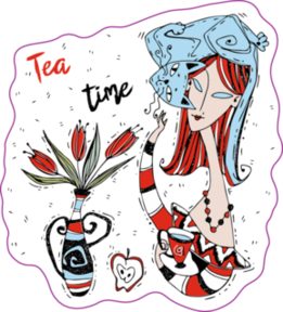 A Girl With A Cat Drinks Tea Sticker