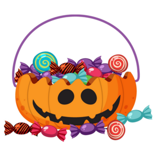A Halloween Pumpkin Basket With Candy Sticker