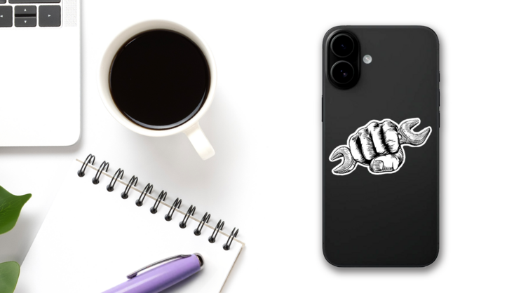 A Hand In A Fist Holding A Spanner In A Vintage Style Sticker on a Phone (New) example