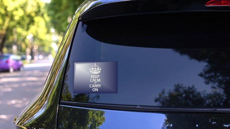 A Keep Calm And Carry On Sticker on a Rear Car Window (New) example