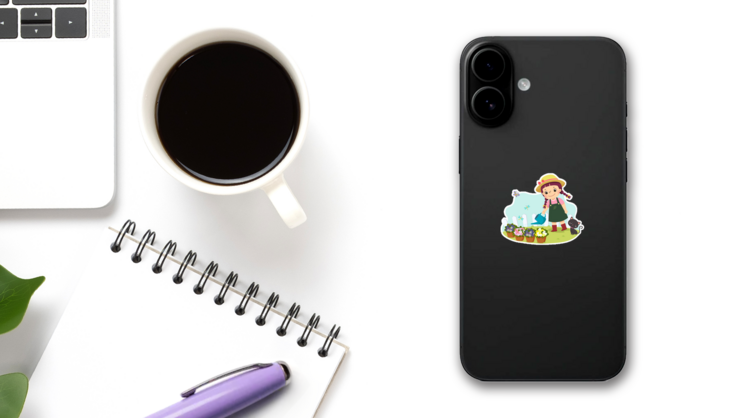 A Little Girl Watering Plant Sticker on a Phone (New) example