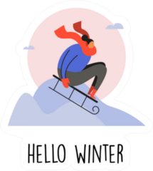 A Man Riding From Mountain On A Sled Hello Winter Sticker