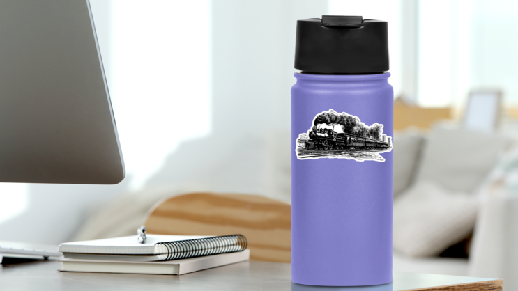 A Railroad Train Vintage Sketch Sticker on a Water Bottle (New) example