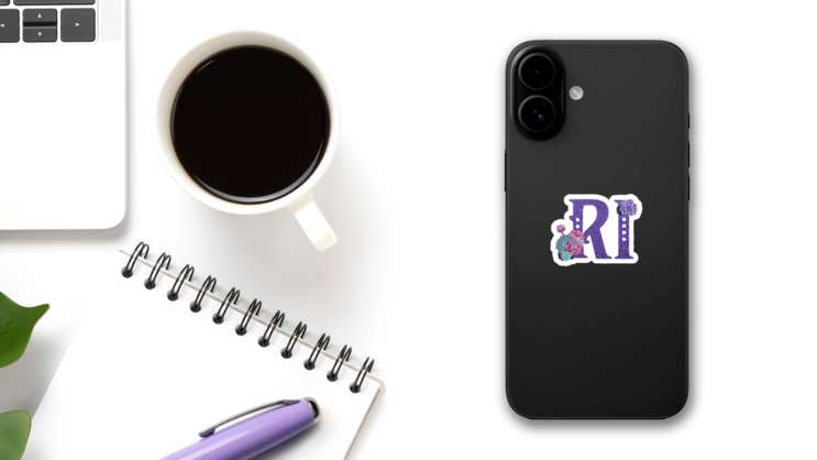 Abbreviation Of The State Rhode Island Purple Glitter Sticker on a Phone (New) example